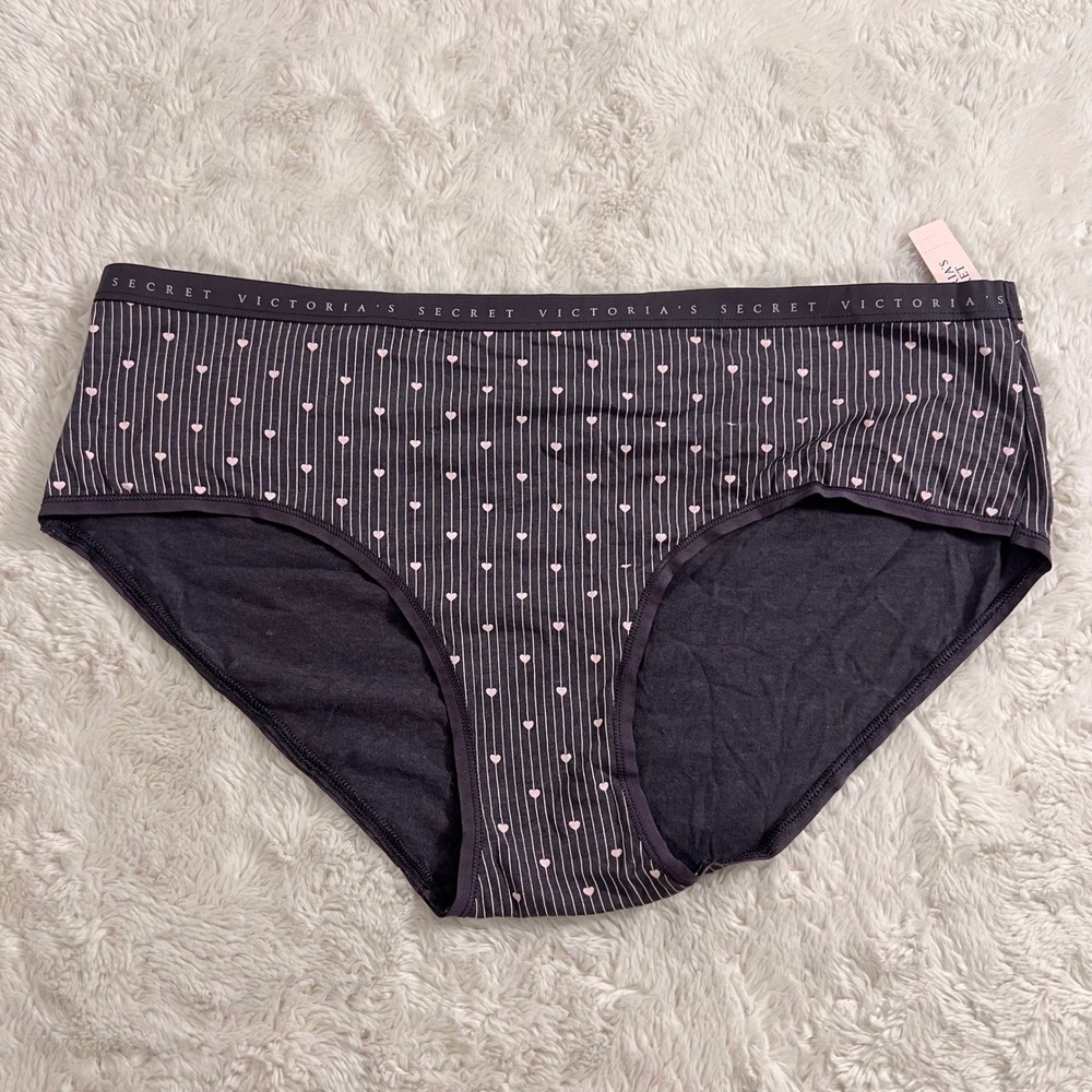 Victoria's Secret Gray Pink Heart Pinstripe Logo Waist Bikini Panties XL NWT